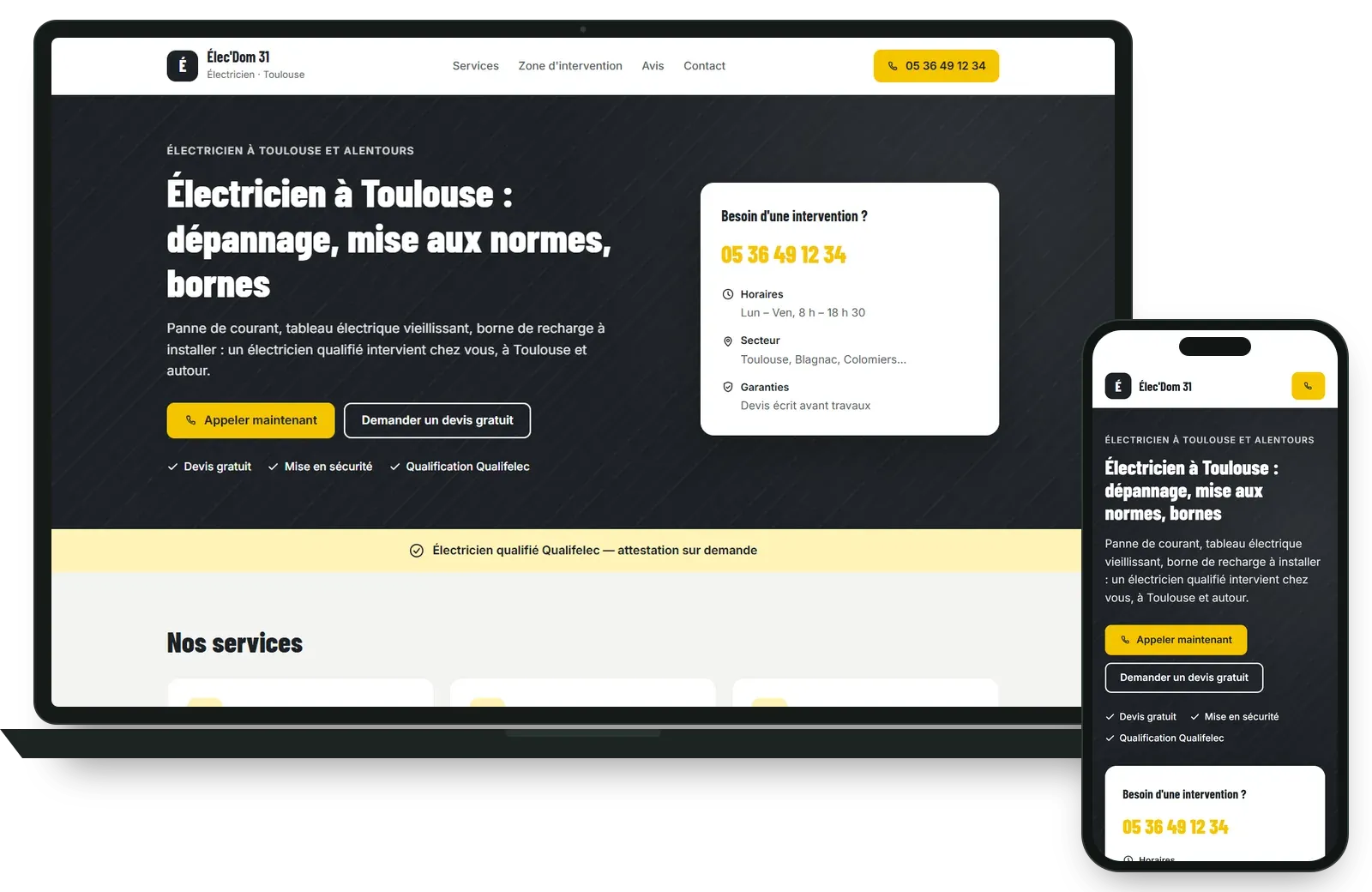 Capture du site de démonstration Élec'Dom 31, sur ordinateur et sur téléphone