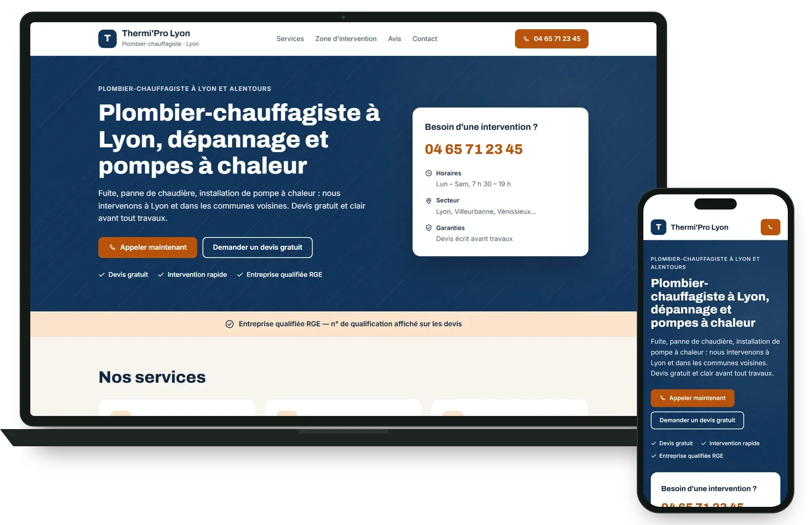 Site de démonstration d'un plombier-chauffagiste (Thermi'Pro Lyon), affiché sur ordinateur et sur téléphone