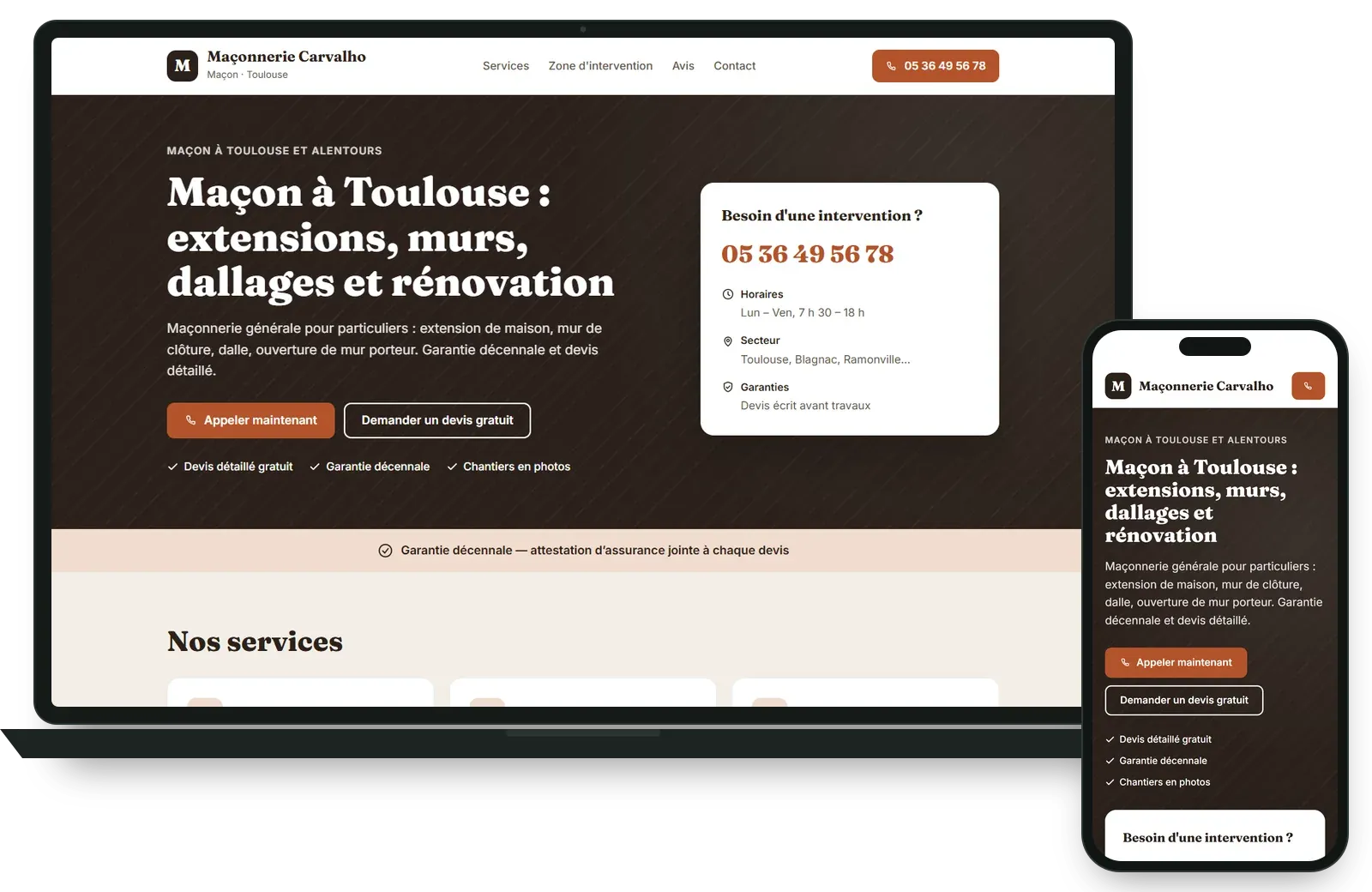 Capture du site de démonstration Maçonnerie Carvalho, sur ordinateur et sur téléphone