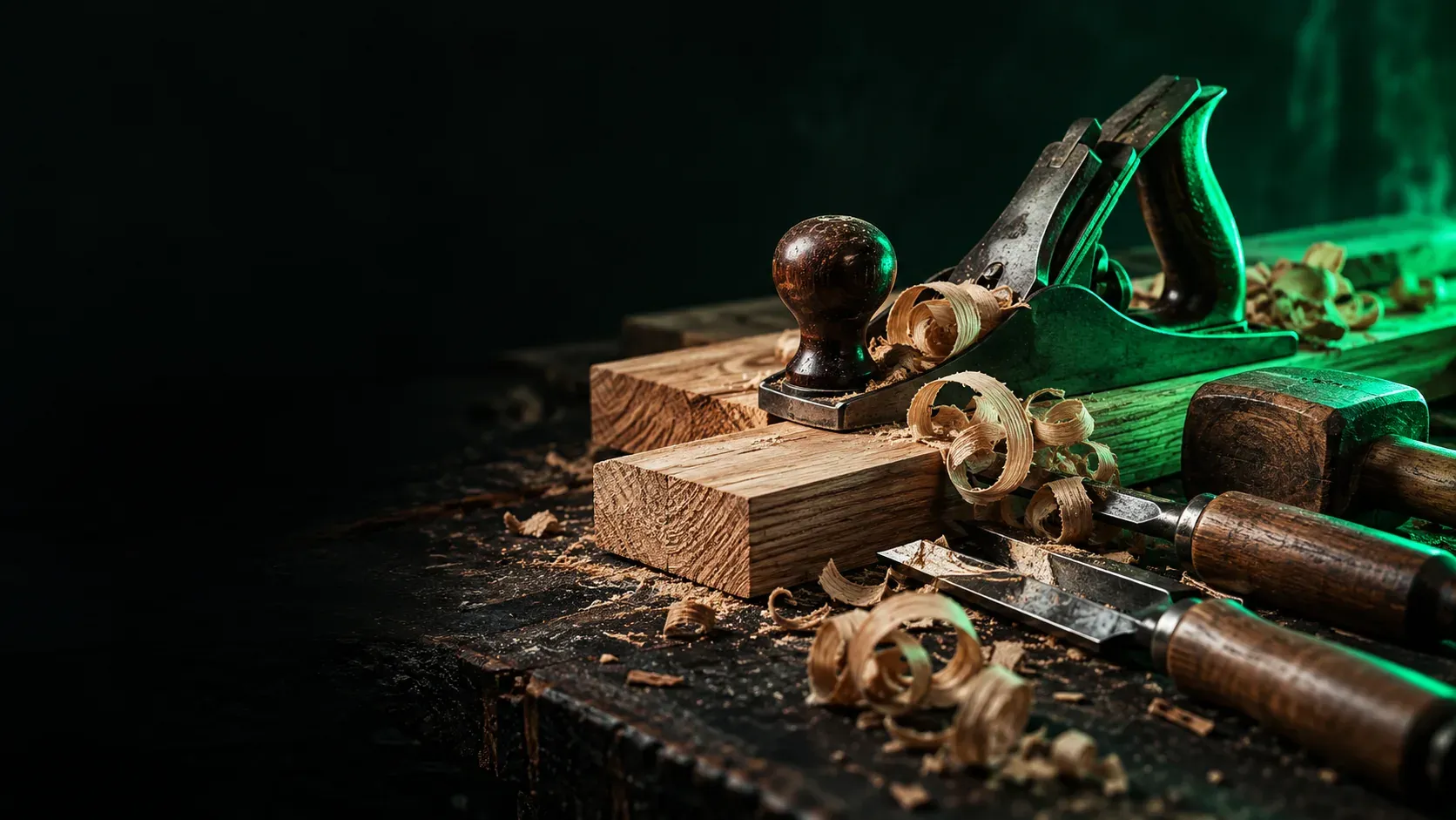 Outils et matériaux de menuisier posés sur un établi